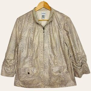 Chico’s Faux Suede Snakeskin Ruched Sleeve Zip Up Metallic Lightweight Jacket 8